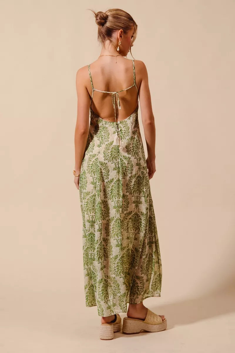 Damask Floral Maxi Dress with Open Back