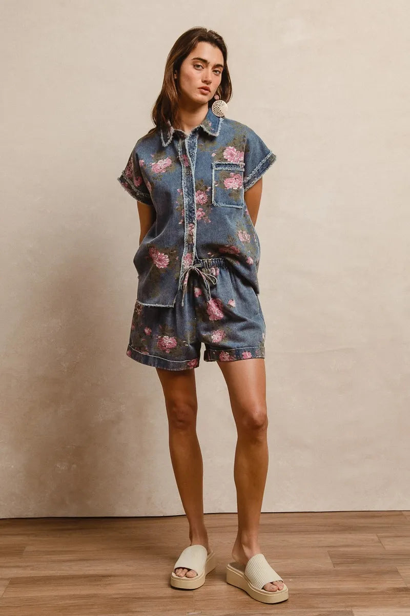 Floral Denim Shorts with Drawstring Waist