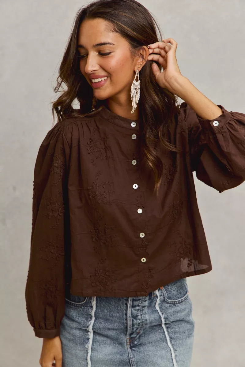 3D Floral Embellished Woven Button-Up Shirt