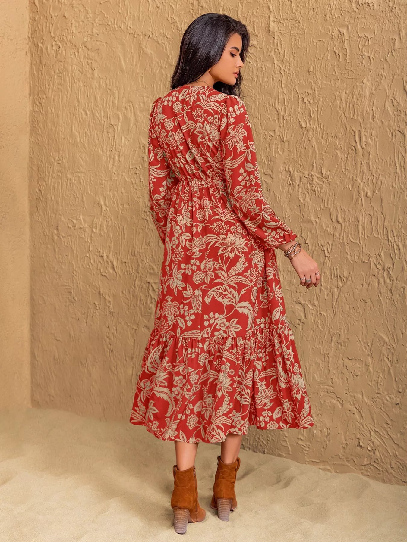 Ruched Floral Long Sleeve Midi Dress