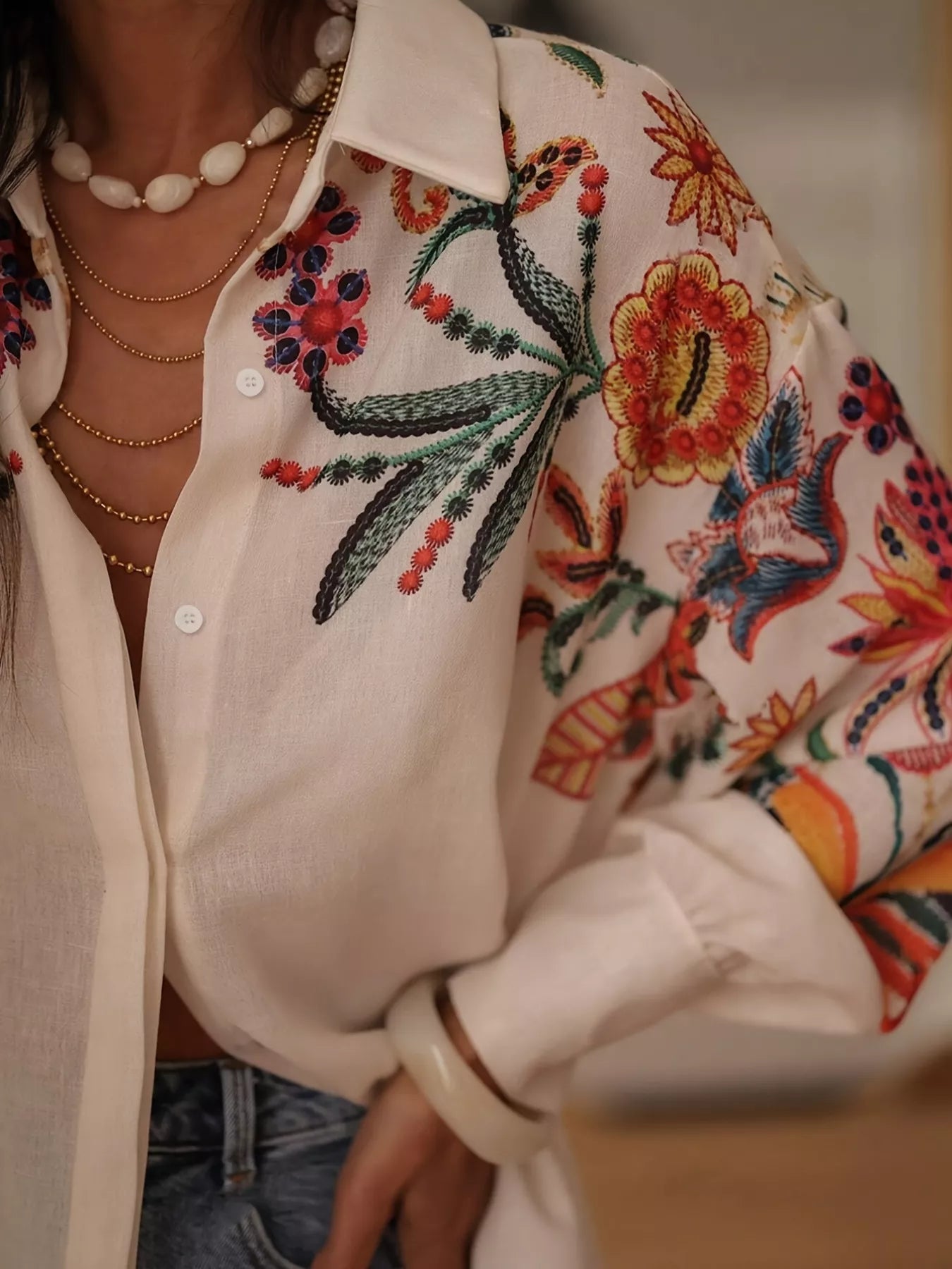 Embroidered Floral Button-Up Shirt
