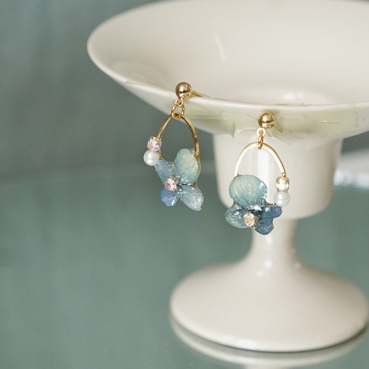 Preserved Blue Hydrangea Earrings with Pearl Drop — "Raindrop Waltz"