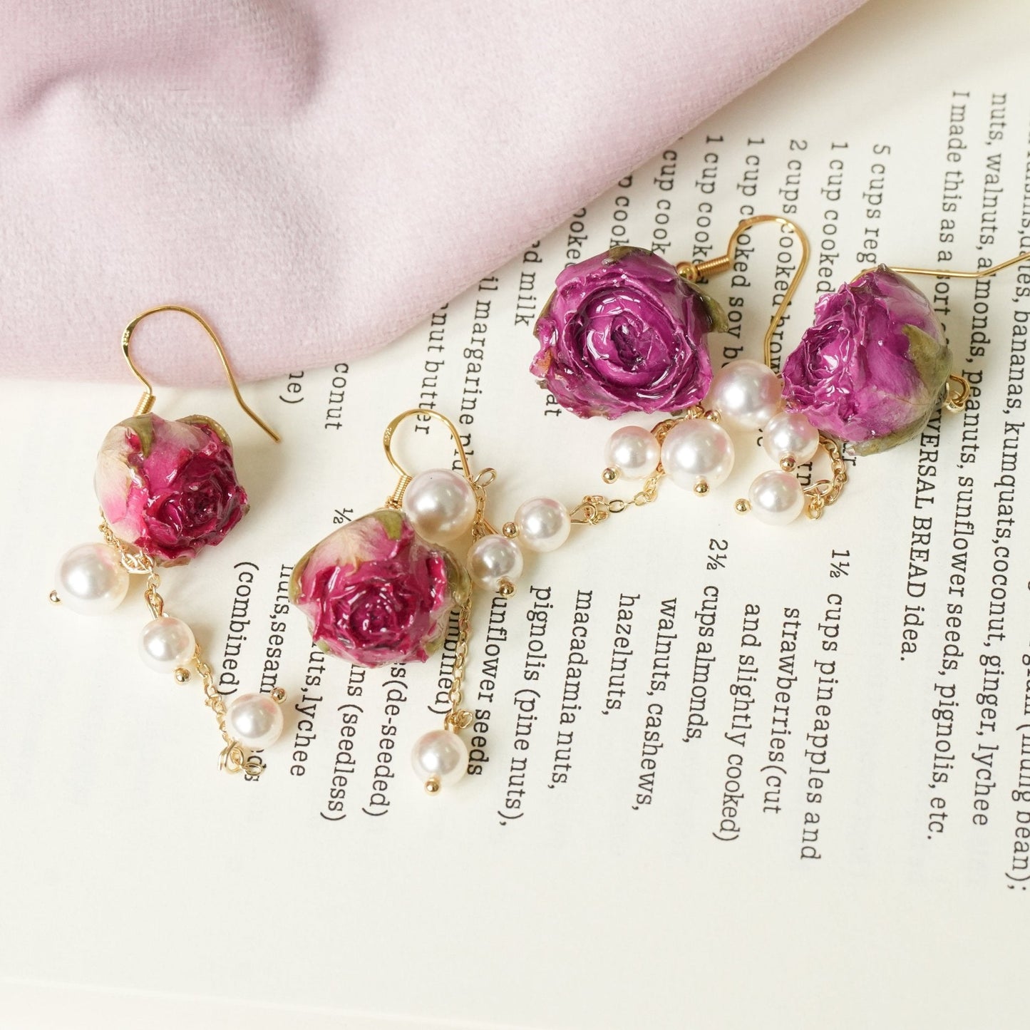 Preserved Miniature Rose Earrings with Pearl Chain