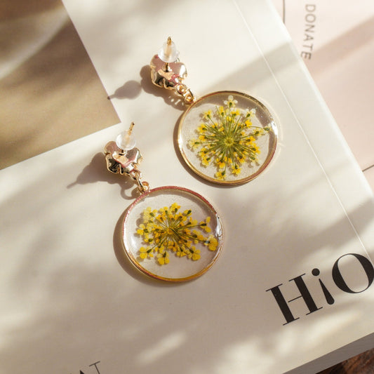 Pressed Queen Anne's Lace Earrings — "Golden Sunburst"