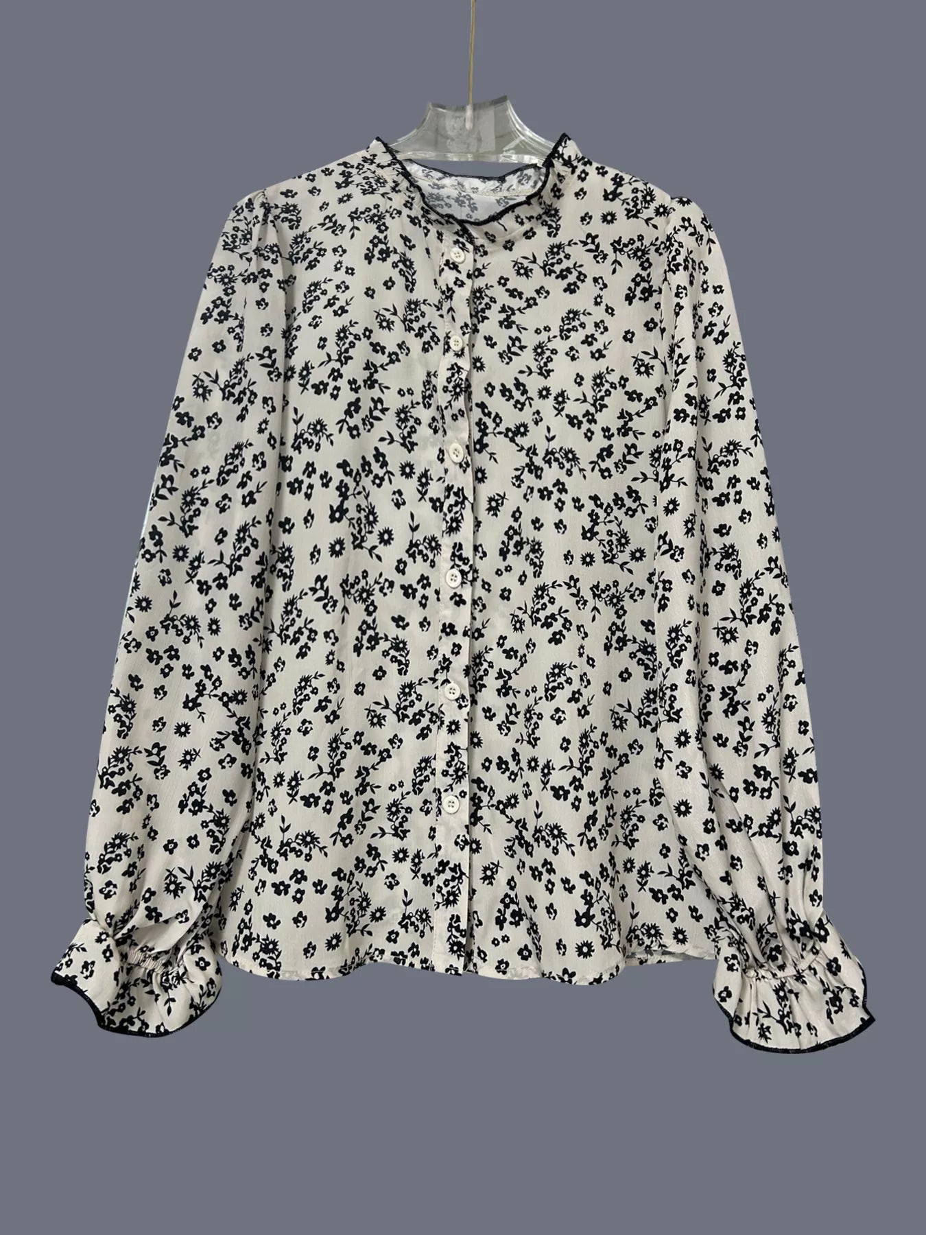 Ruffled Floral Long Sleeve Button-Down Blouse