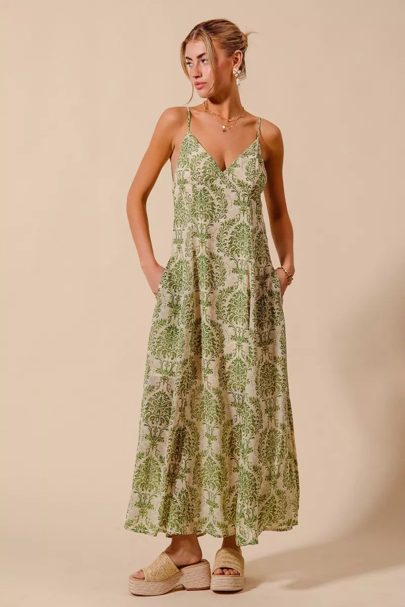 Damask Floral Maxi Dress with Open Back