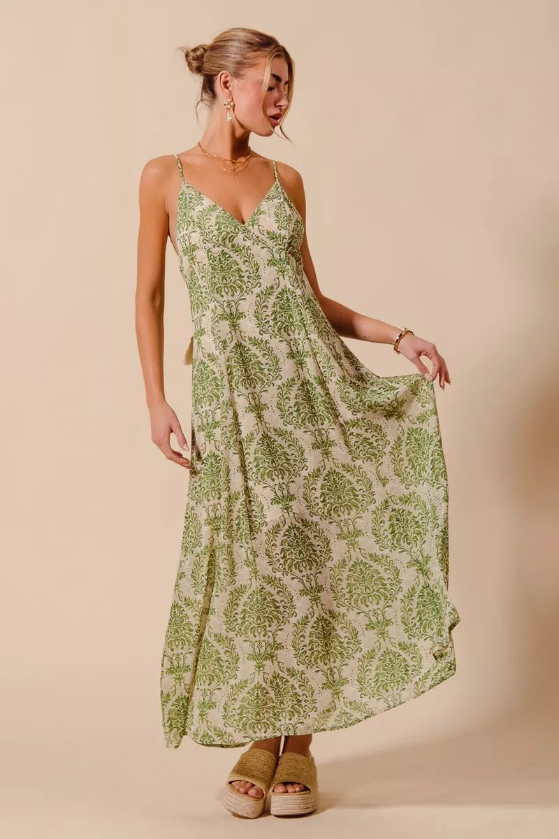 Damask Floral Maxi Dress with Open Back