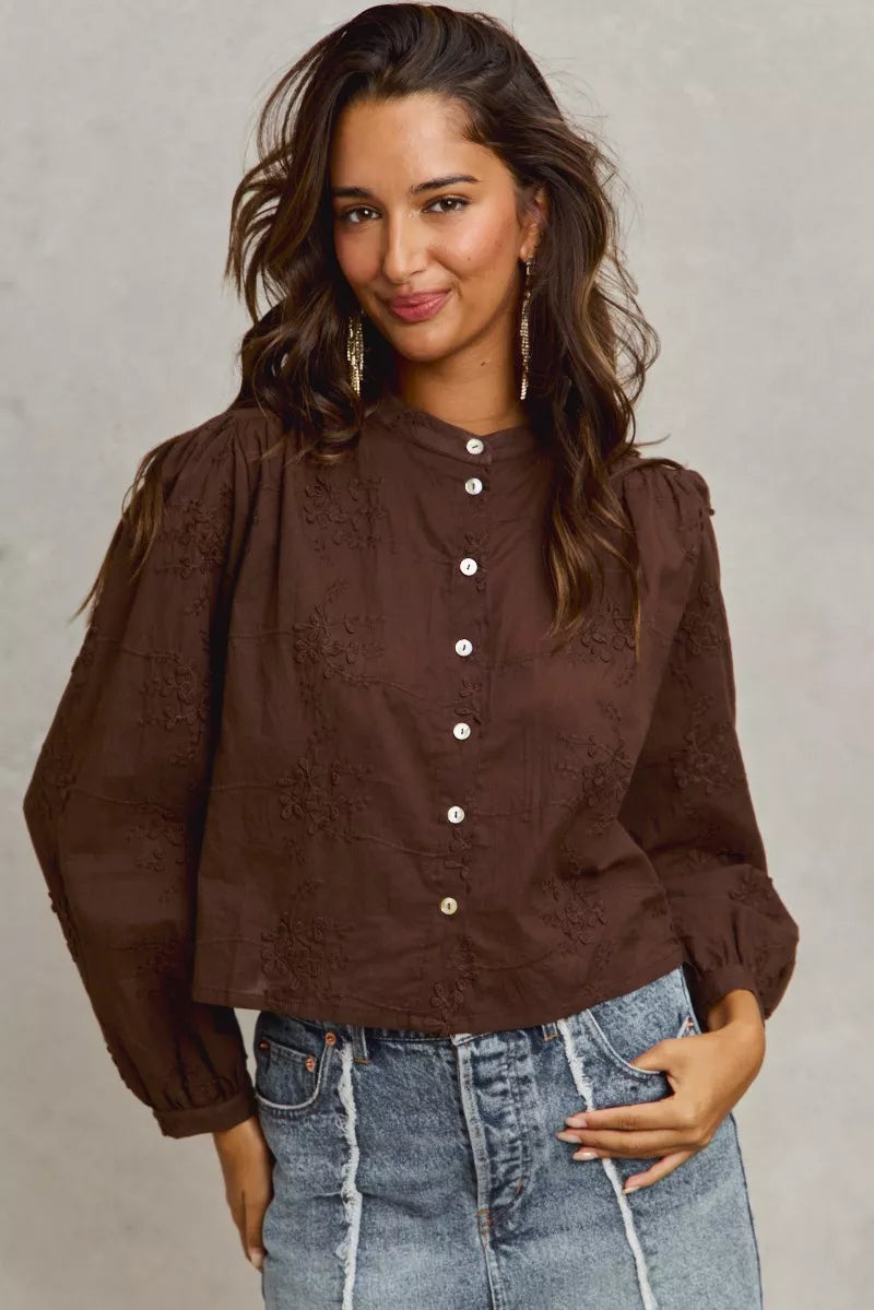 3D Floral Embellished Woven Button-Up Shirt