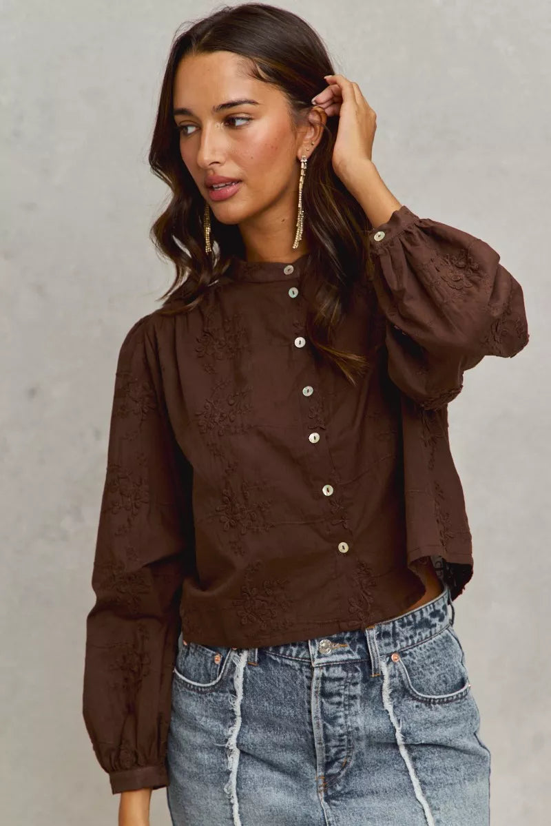 3D Floral Embellished Woven Button-Up Shirt