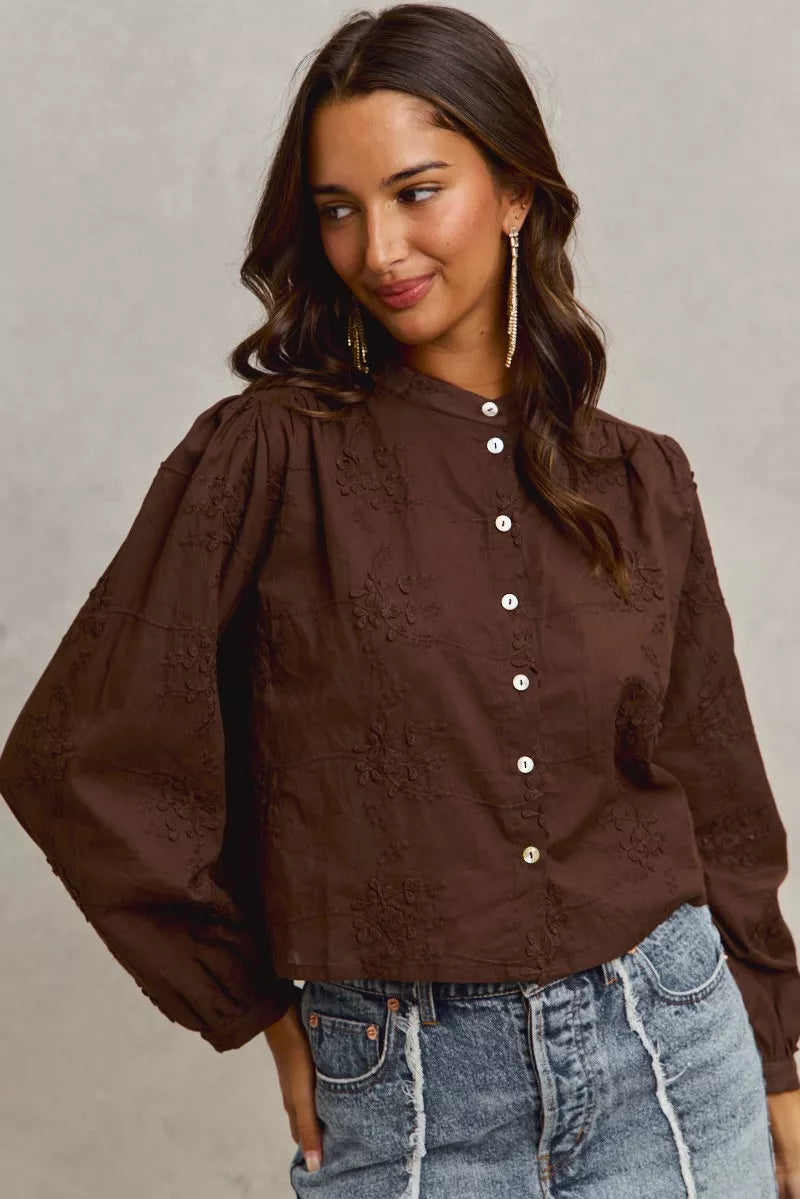 3D Floral Embellished Woven Button-Up Shirt