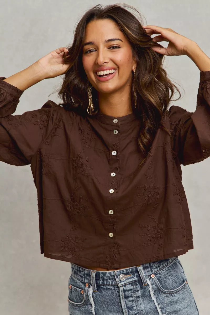 3D Floral Embellished Woven Button-Up Shirt