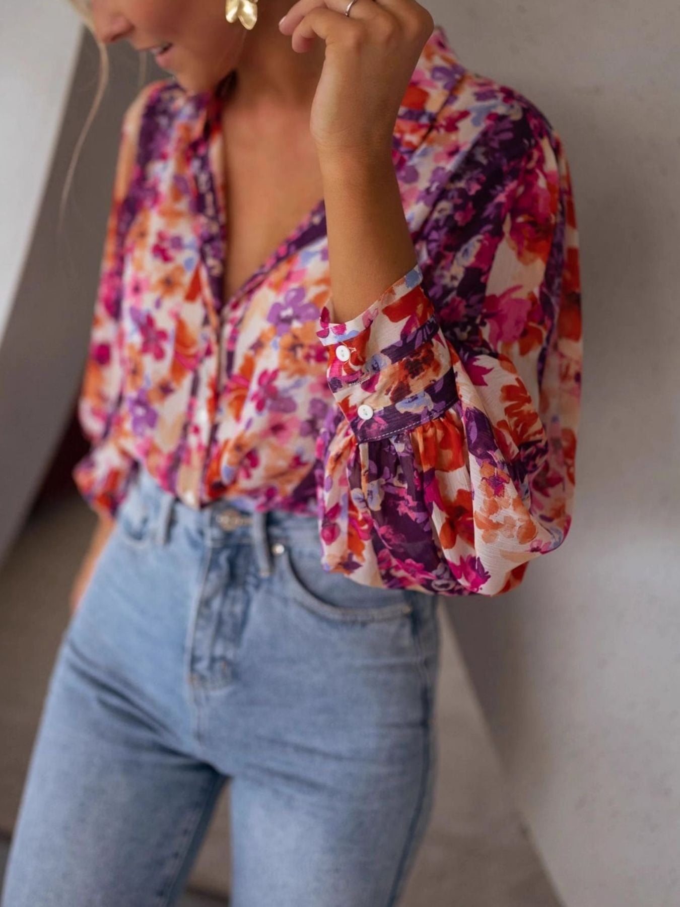 Floral Print Button-Up Blouse