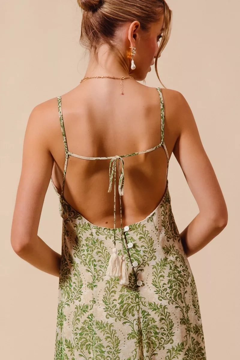 Damask Floral Maxi Dress with Open Back