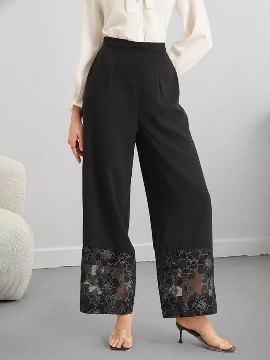 Floral Wide Leg Pants with Lace Hem
