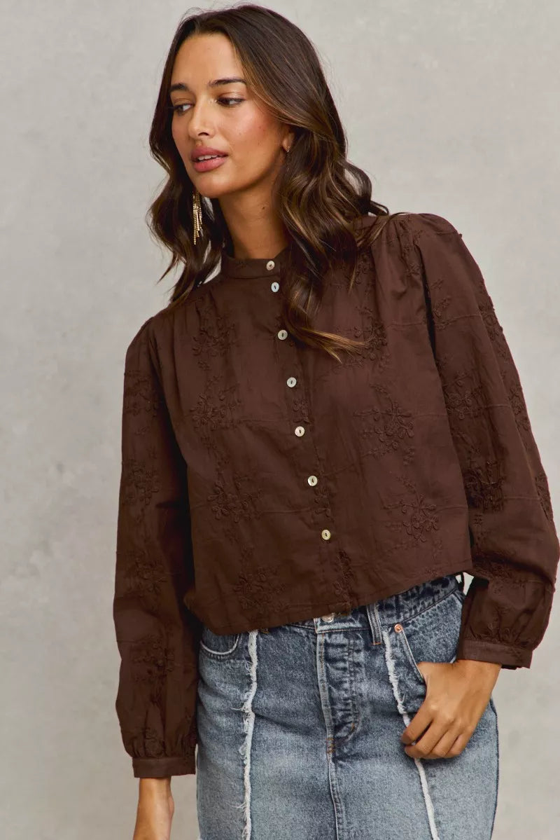 3D Floral Embellished Woven Button-Up Shirt