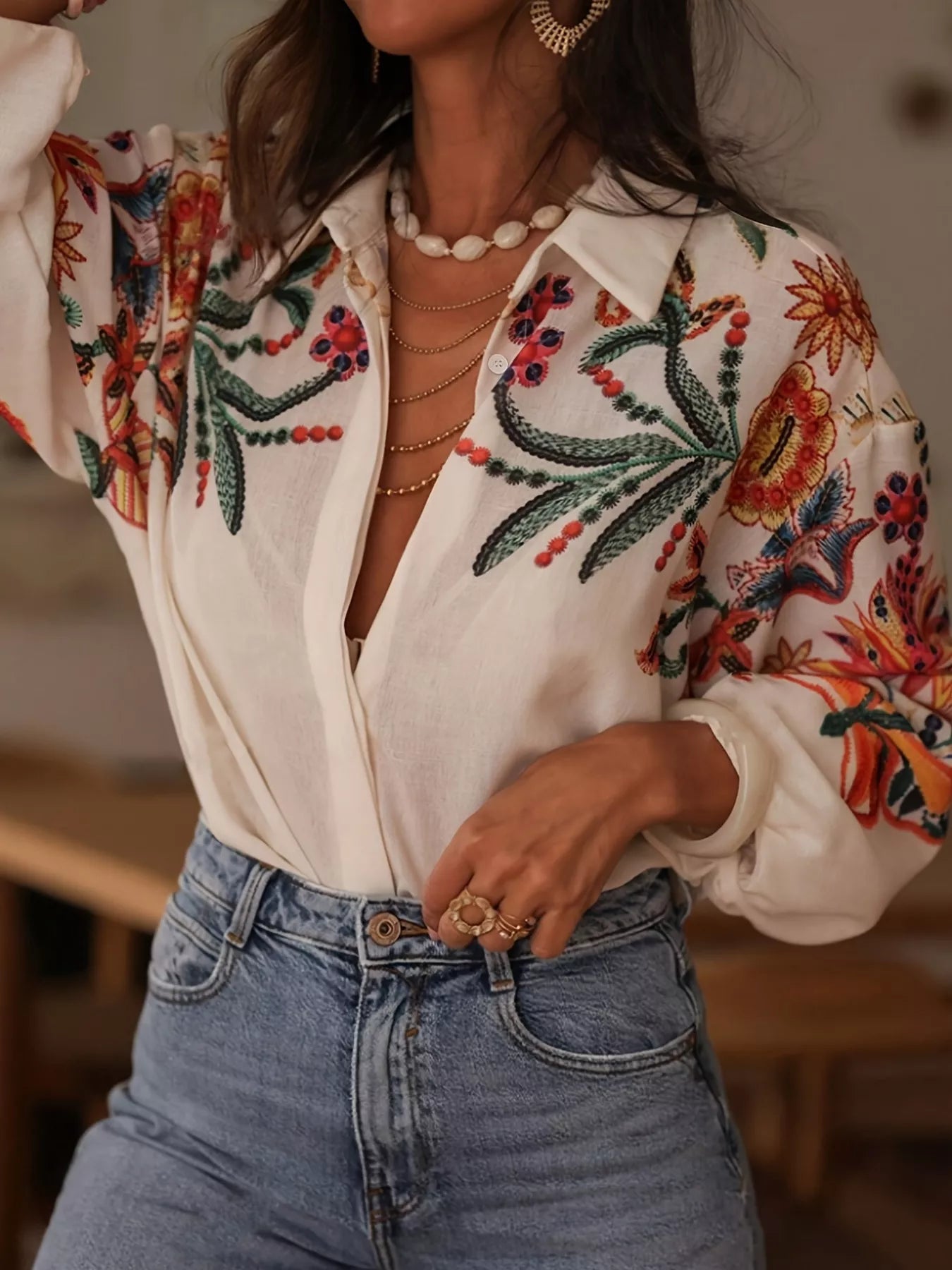 Embroidered Floral Button-Up Shirt