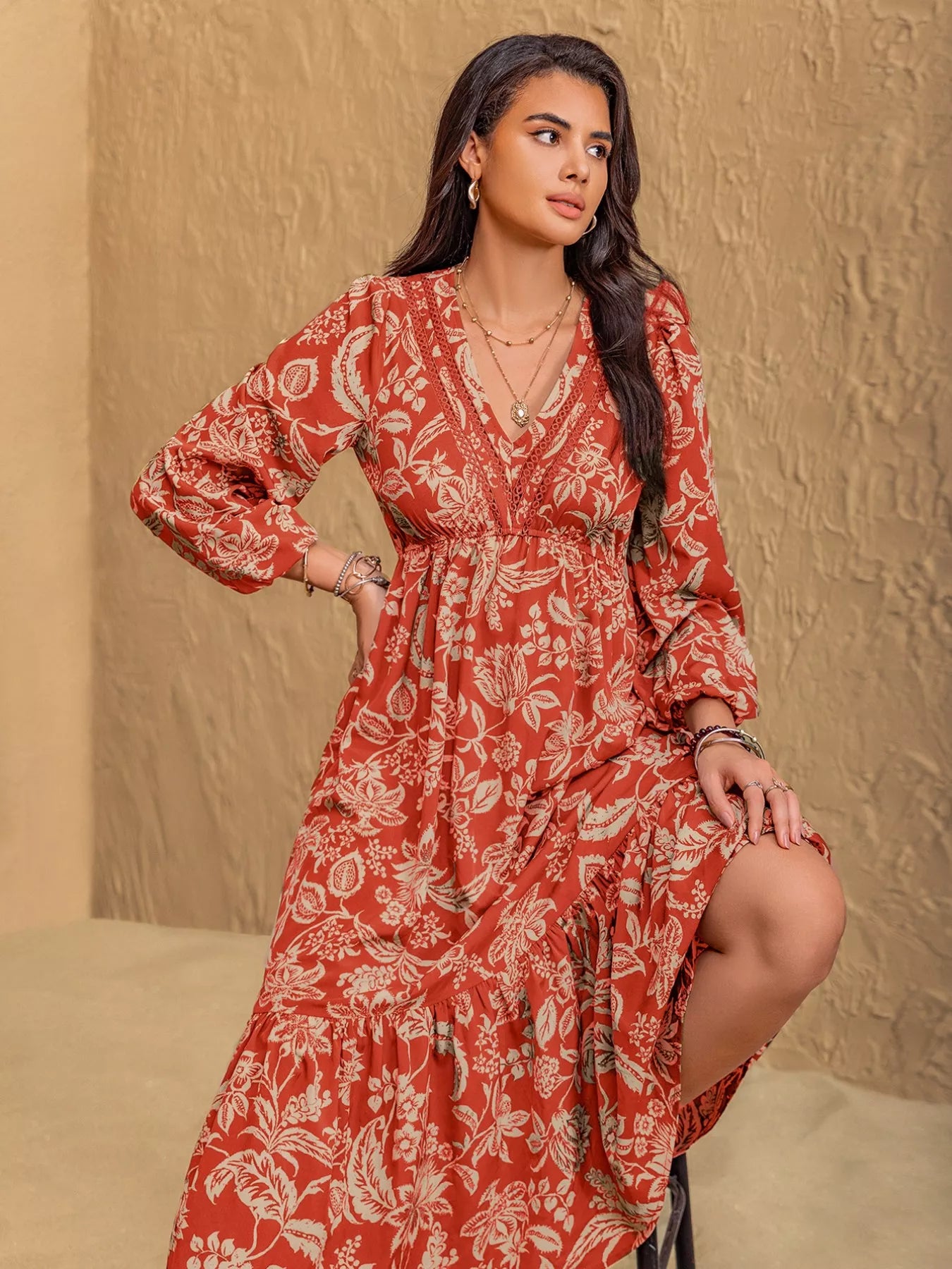 Ruched Floral Long Sleeve Midi Dress