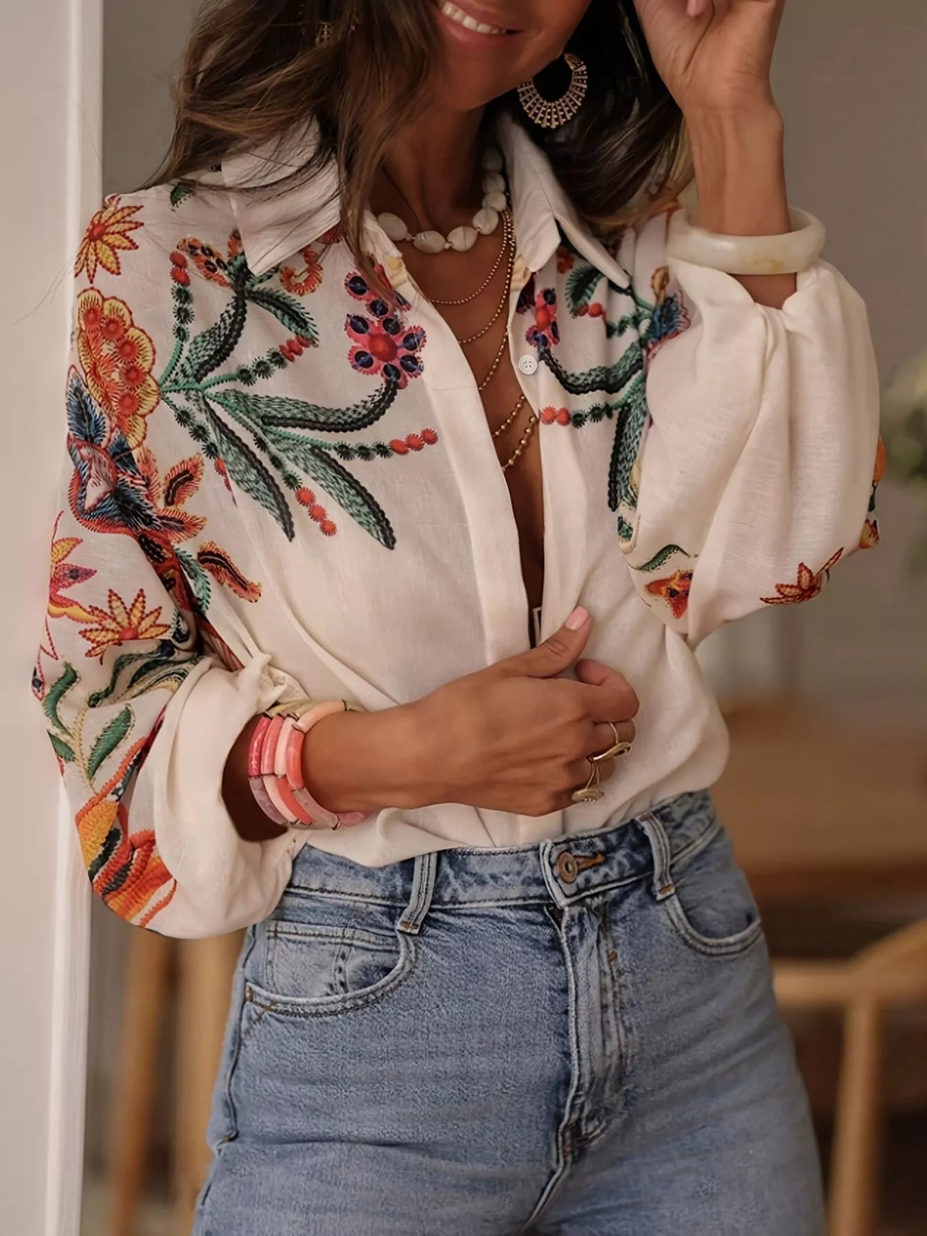 Embroidered Floral Button-Up Shirt
