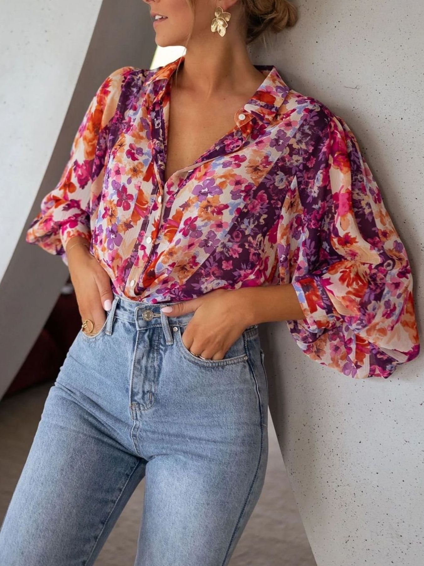 Floral Print Button-Up Blouse