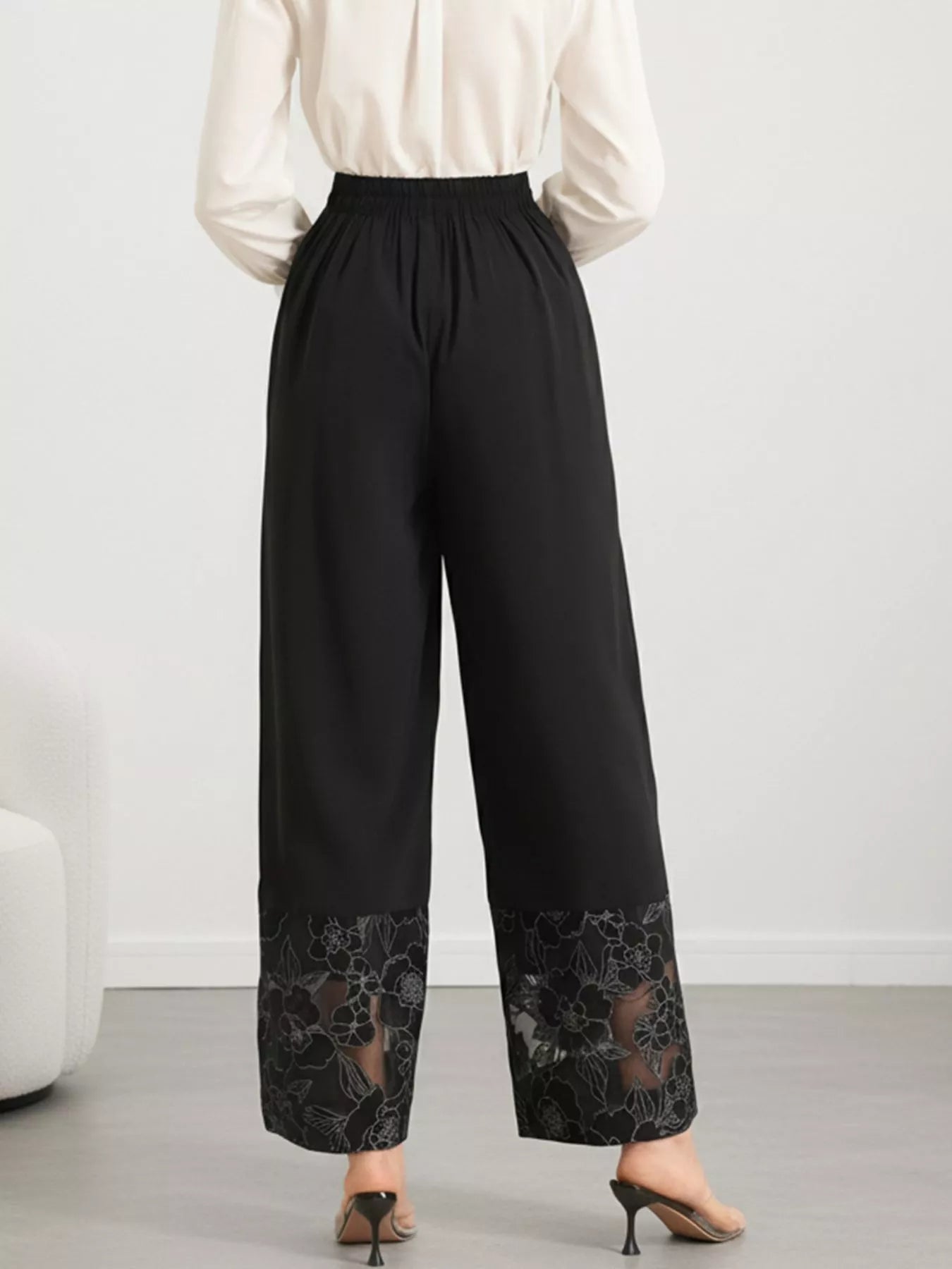 Floral Wide Leg Pants with Lace Hem