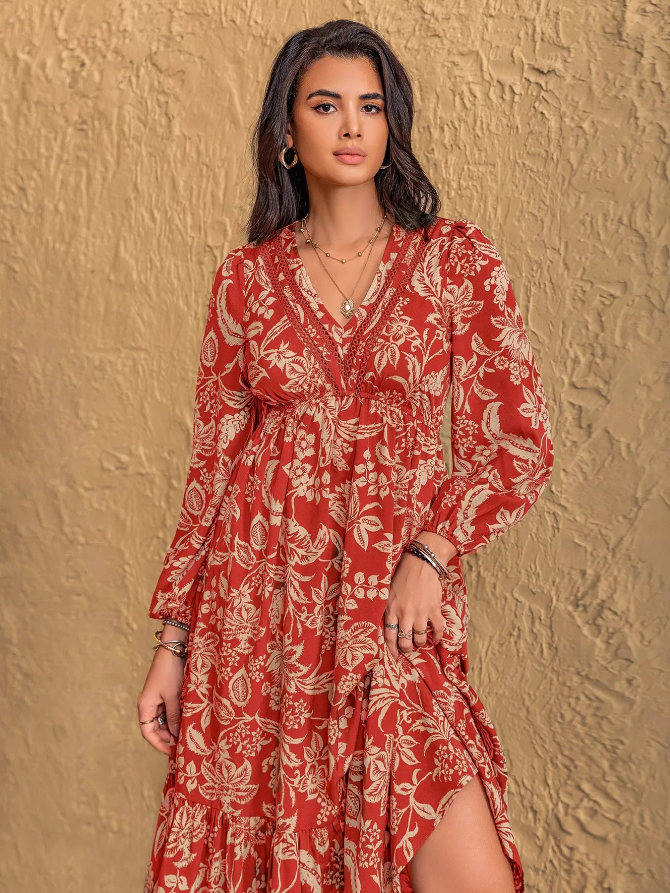 Ruched Floral Long Sleeve Midi Dress