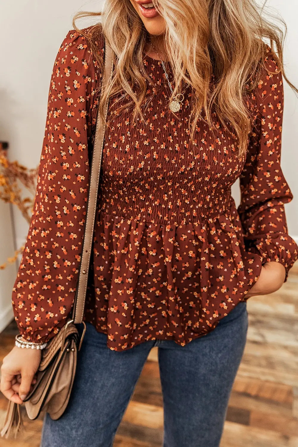 Smocked Floral Blouse with Ruffle Hem