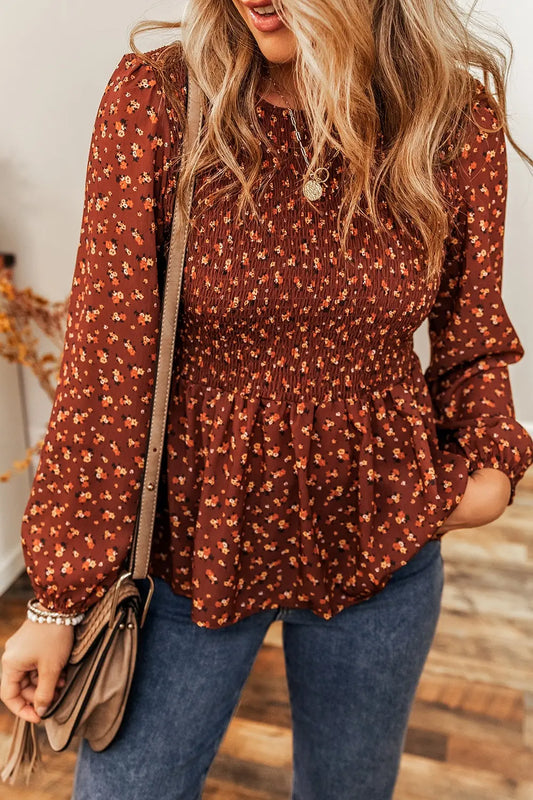Smocked Floral Blouse with Ruffle Hem