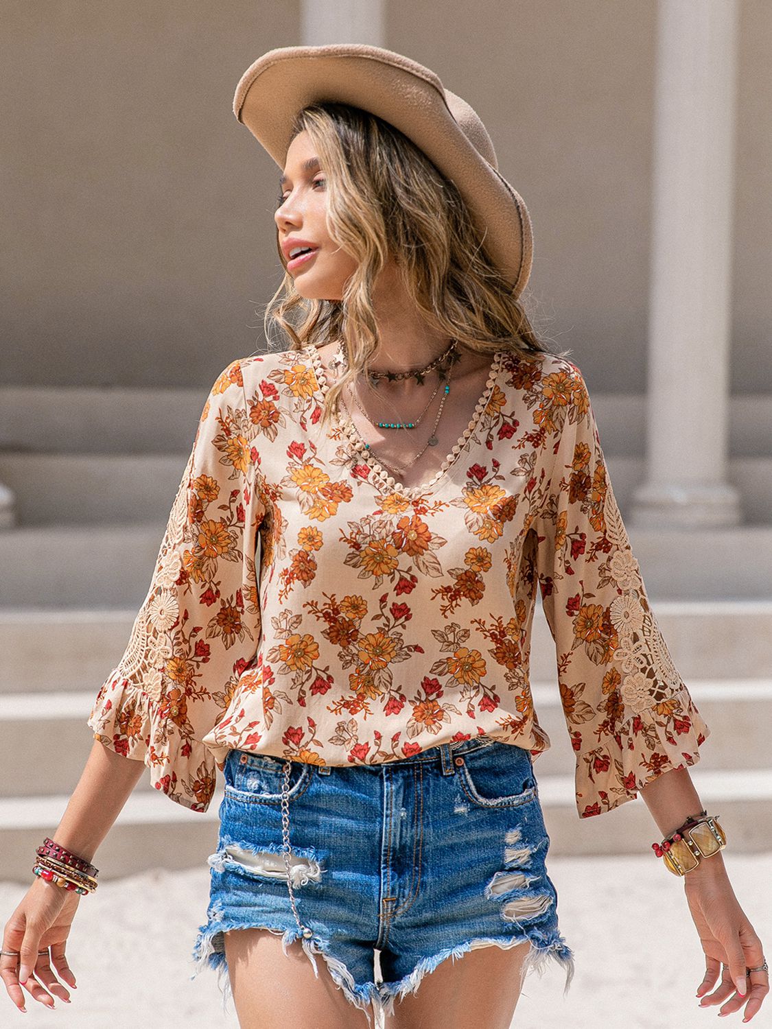 Floral V-Neck Blouse with Lace Trim