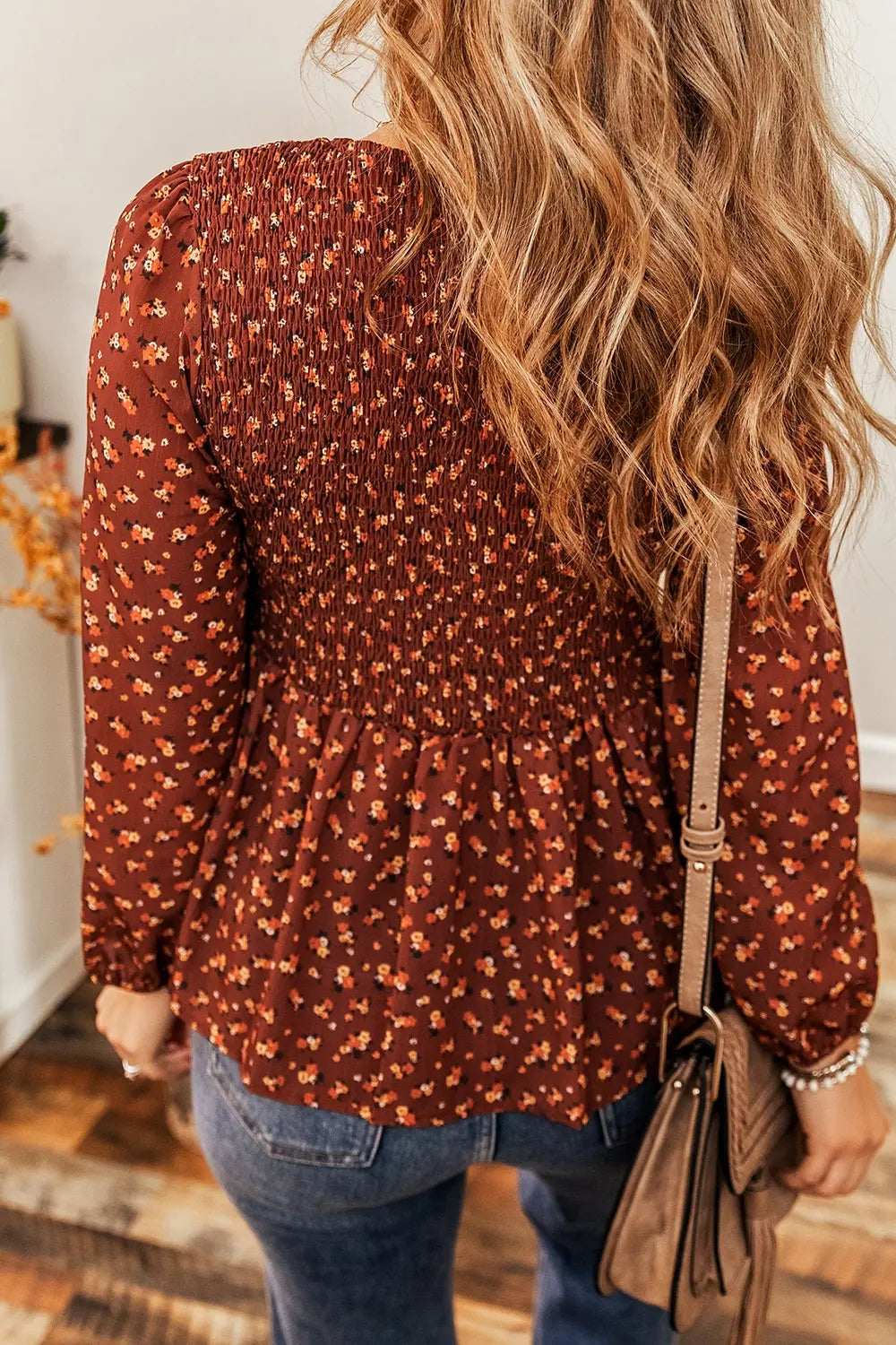 Smocked Floral Blouse with Ruffle Hem