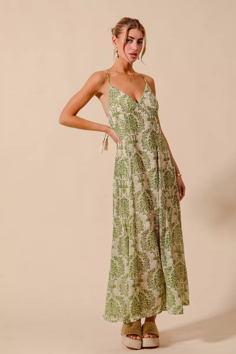 Damask Floral Maxi Dress with Open Back