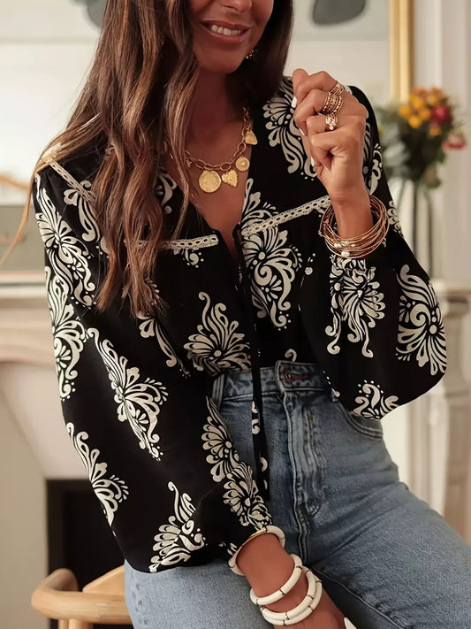 Floral Tie-Neck Blouse with Lace Detail