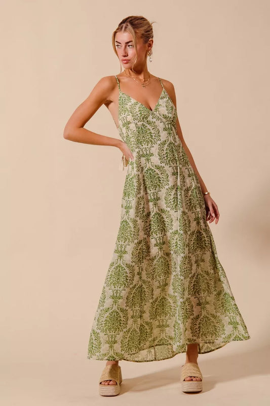 Damask Floral Maxi Dress with Open Back