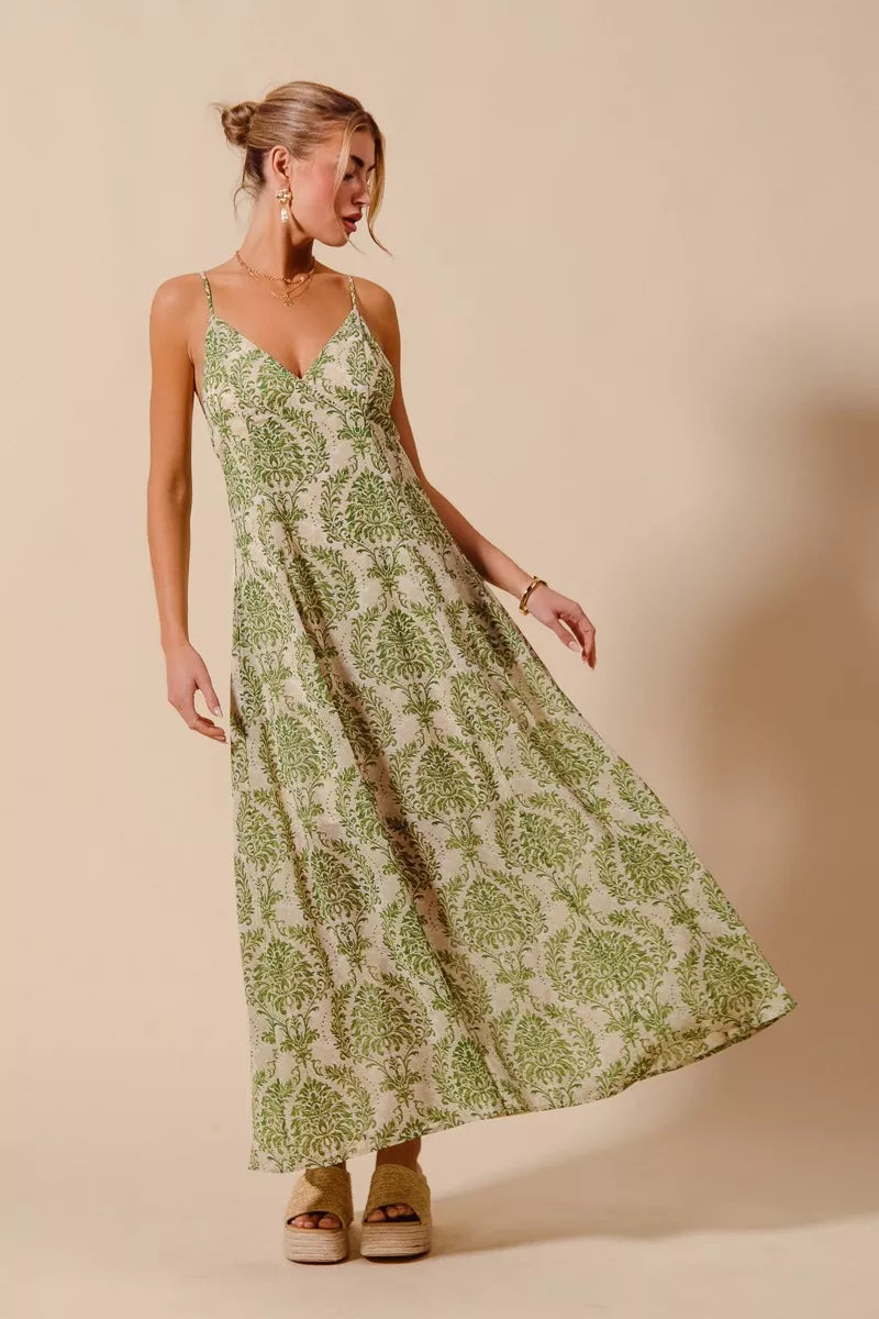 Damask Floral Maxi Dress with Open Back