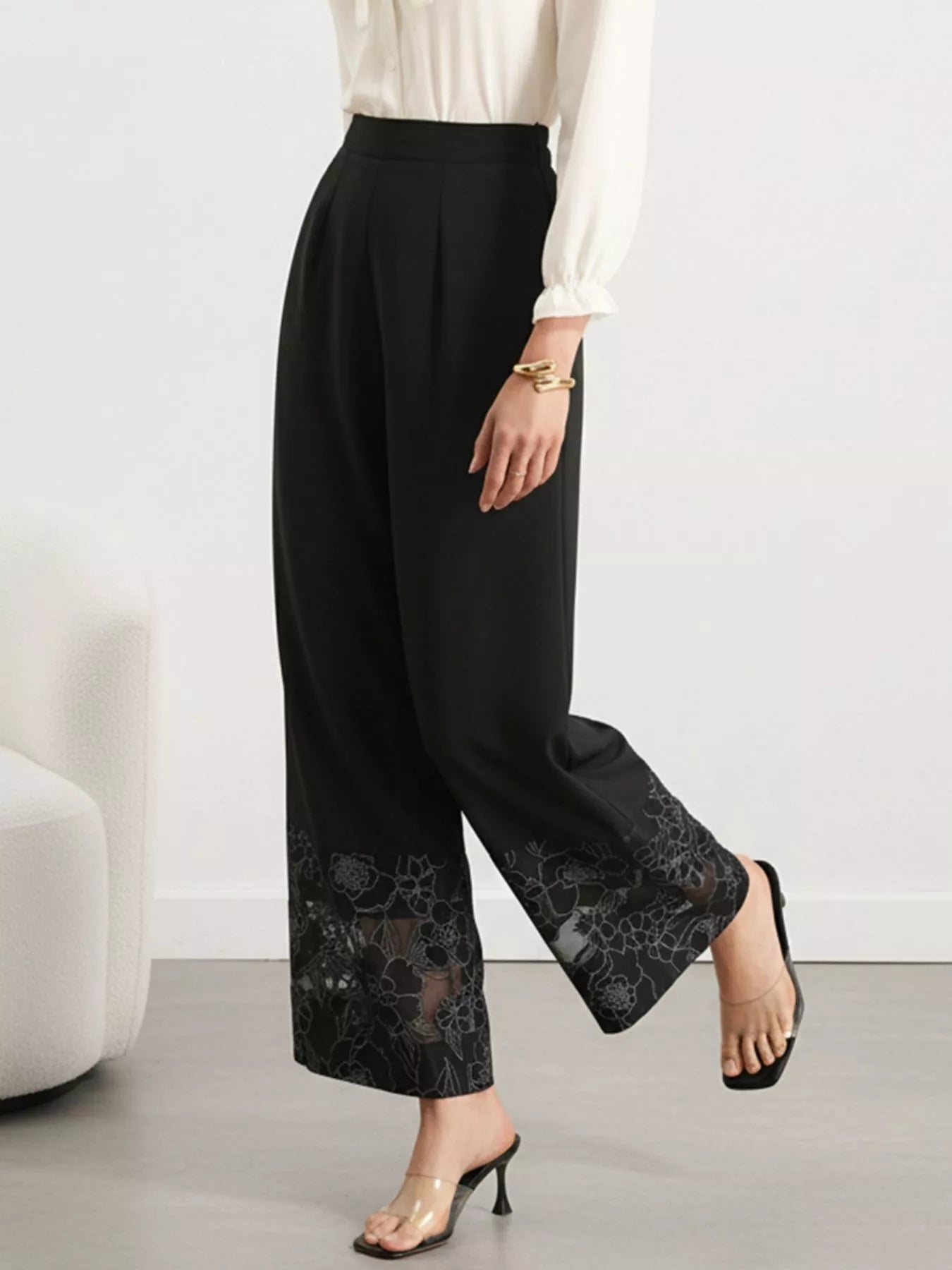 Floral Wide Leg Pants with Lace Hem
