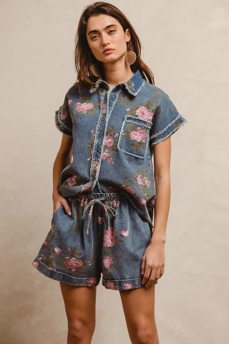 Floral Denim Shorts with Drawstring Waist