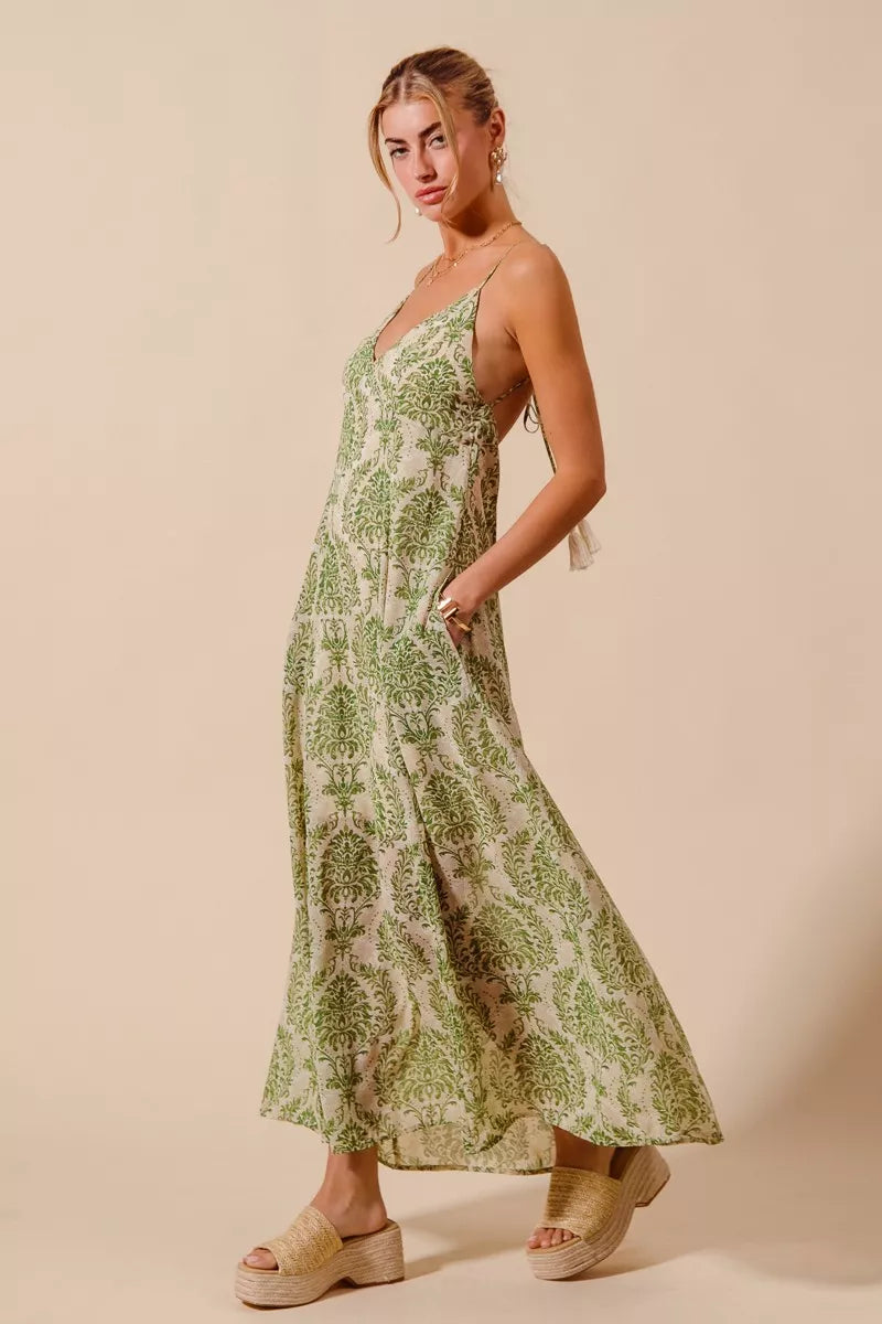 Damask Floral Maxi Dress with Open Back
