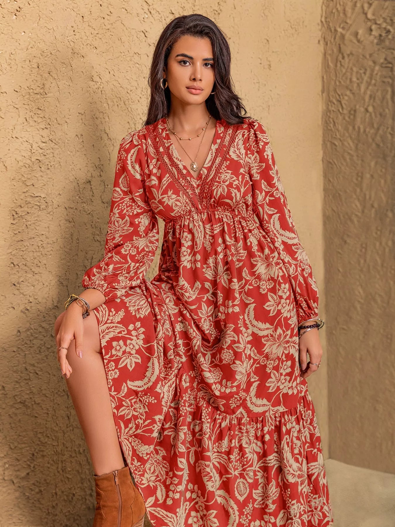 Ruched Floral Long Sleeve Midi Dress