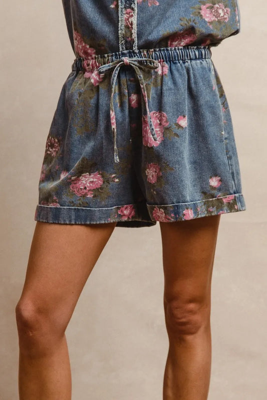 Floral Denim Shorts with Drawstring Waist