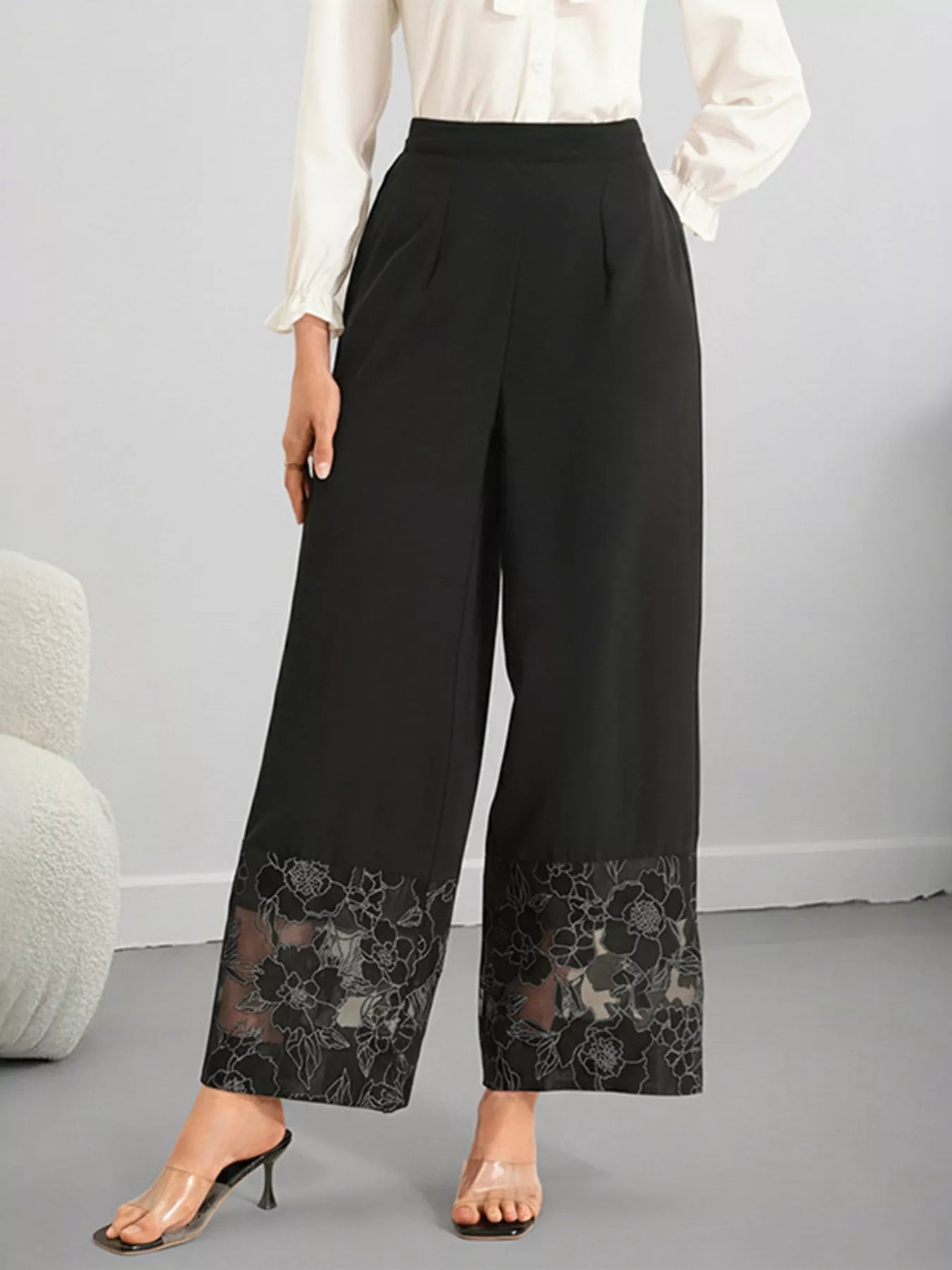 Floral Wide Leg Pants with Lace Hem