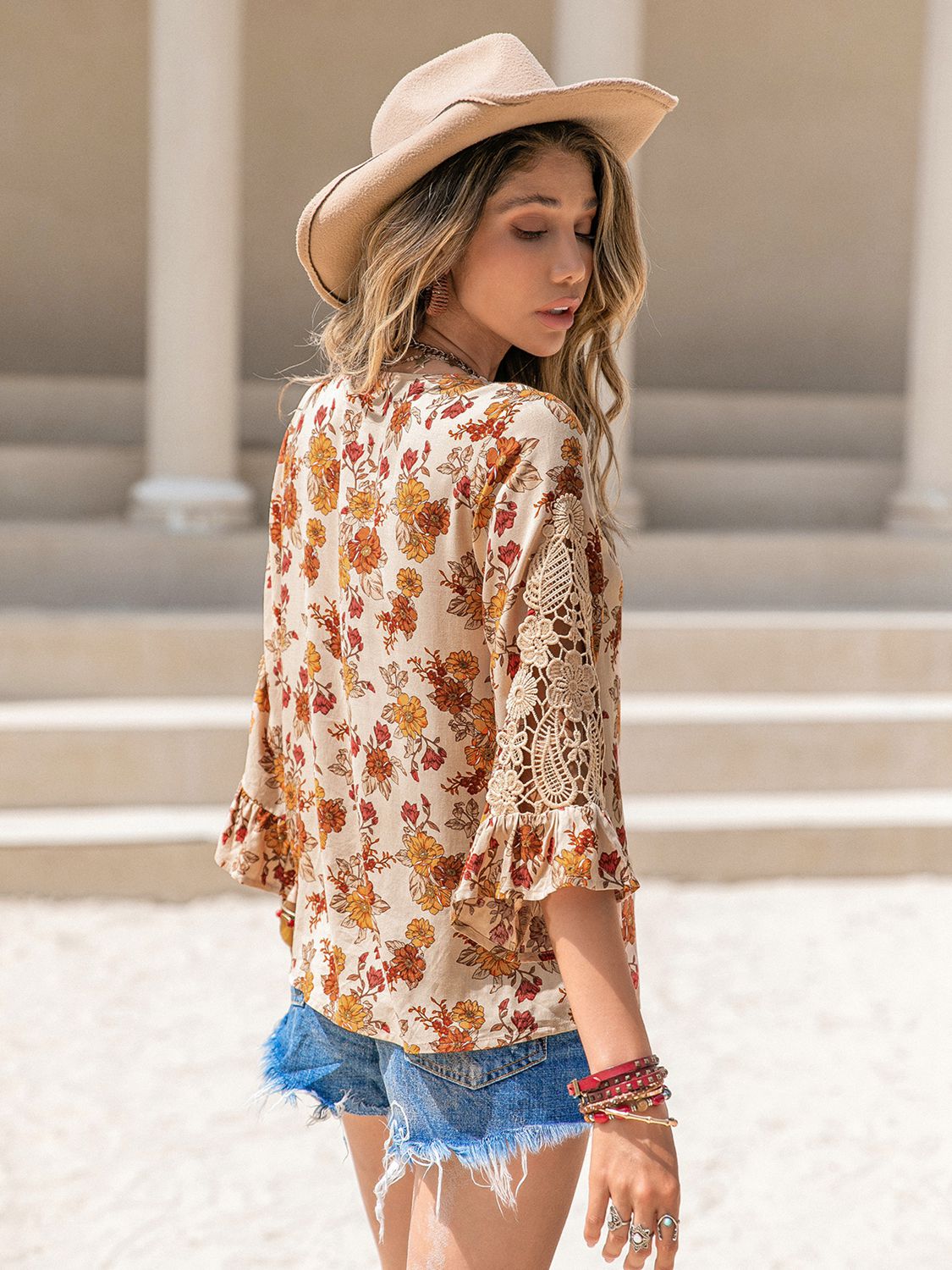 Floral V-Neck Blouse with Lace Trim