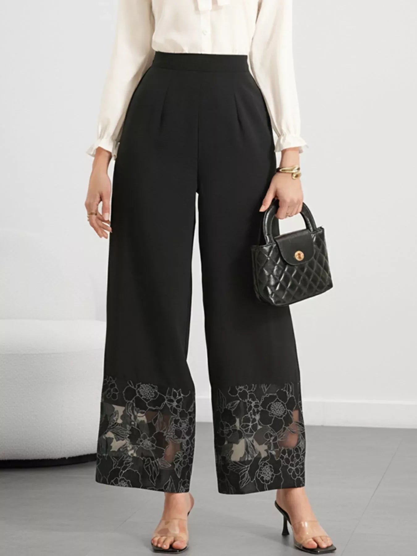 Floral Wide Leg Pants with Lace Hem
