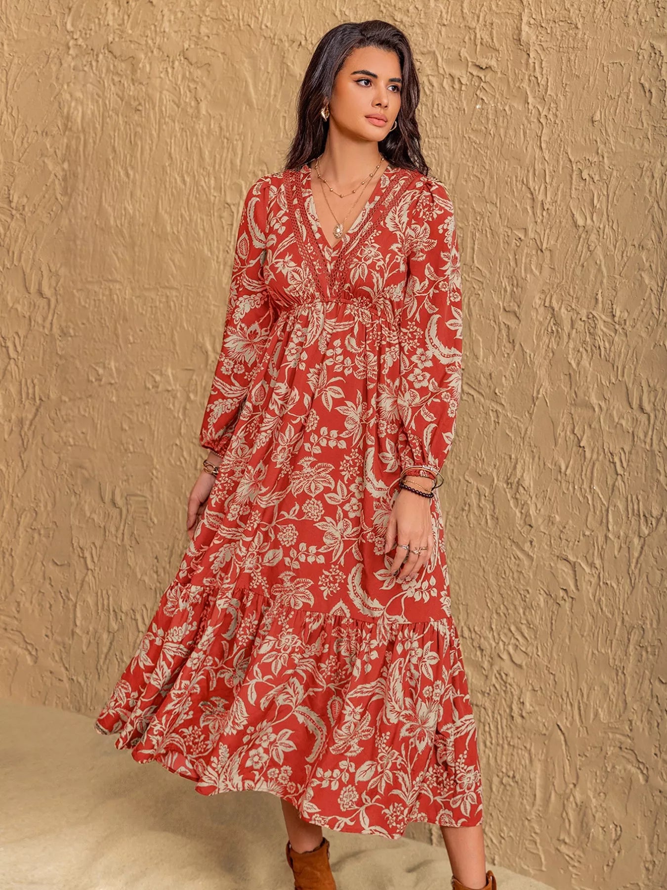 Ruched Floral Long Sleeve Midi Dress