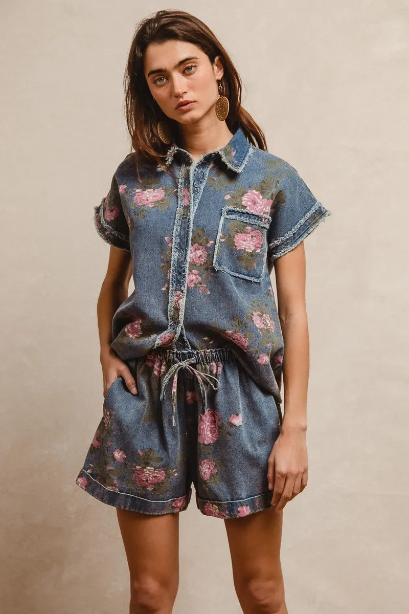 Floral Denim Shorts with Drawstring Waist