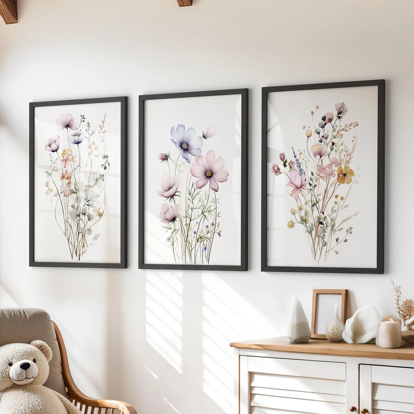 Watercolor Floral Wall Art. Set of 3 Botanical Prints