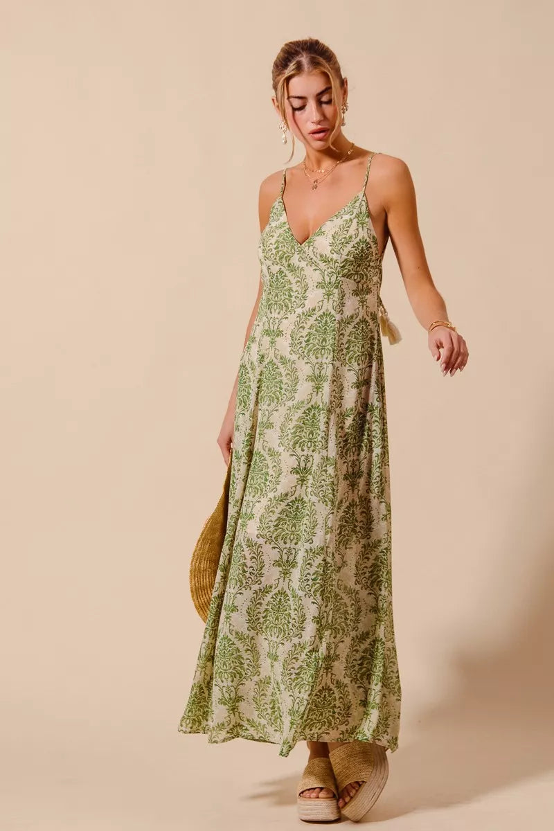Damask Floral Maxi Dress with Open Back