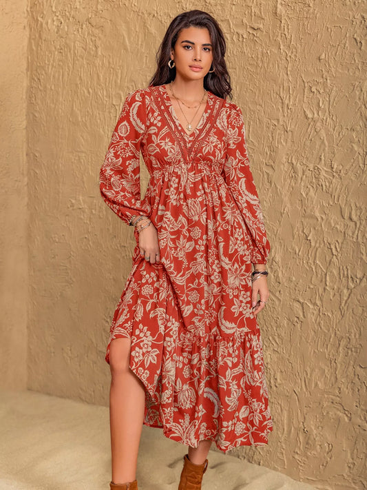 Ruched Floral Long Sleeve Midi Dress
