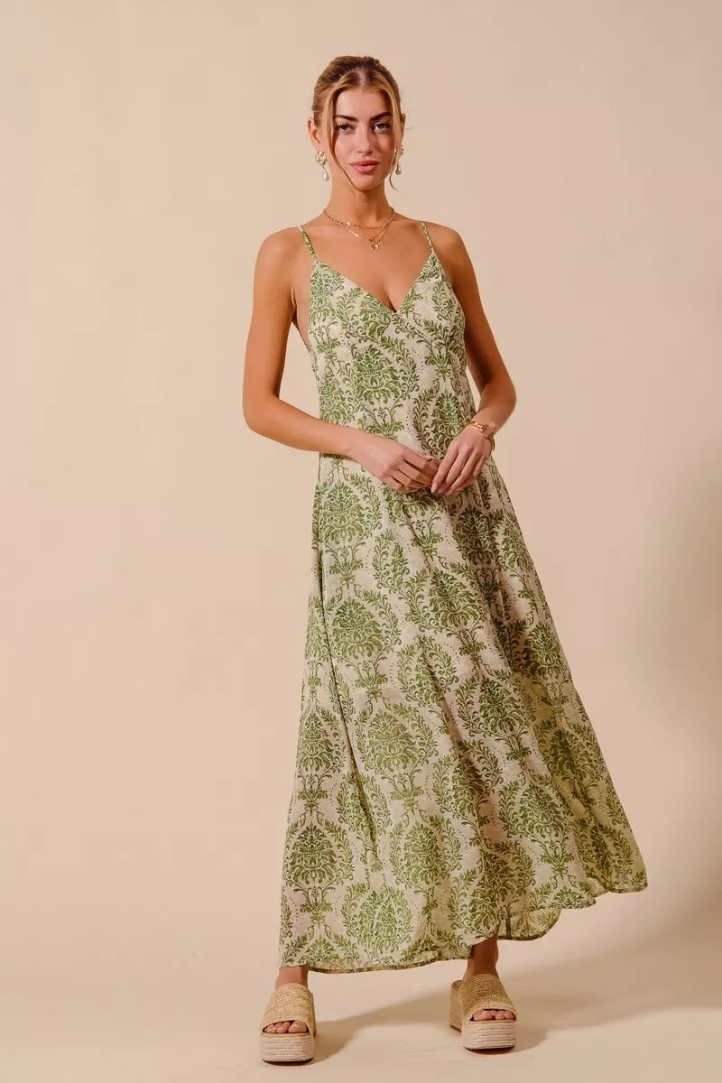 Damask Floral Maxi Dress with Open Back
