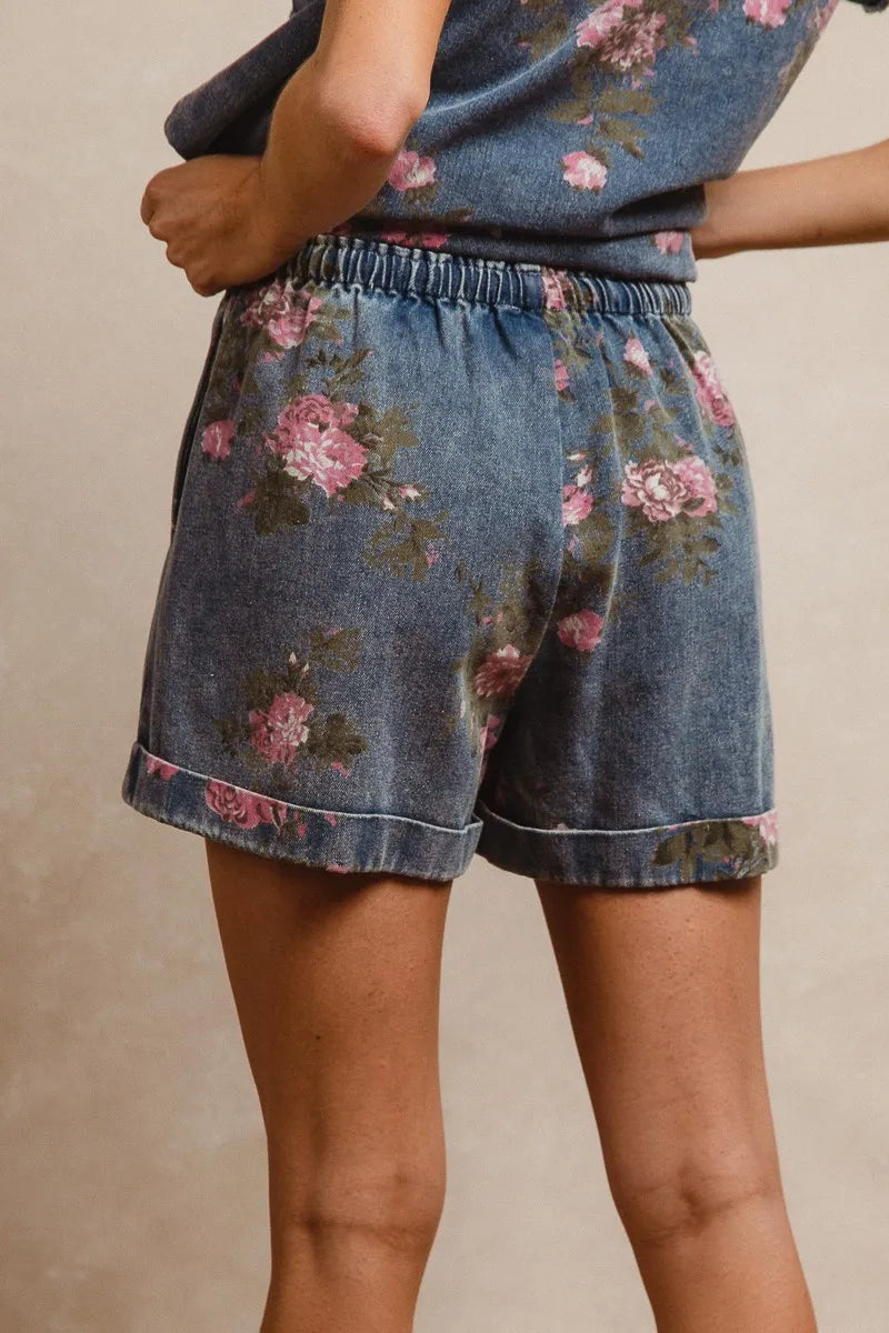 Floral Denim Shorts with Drawstring Waist