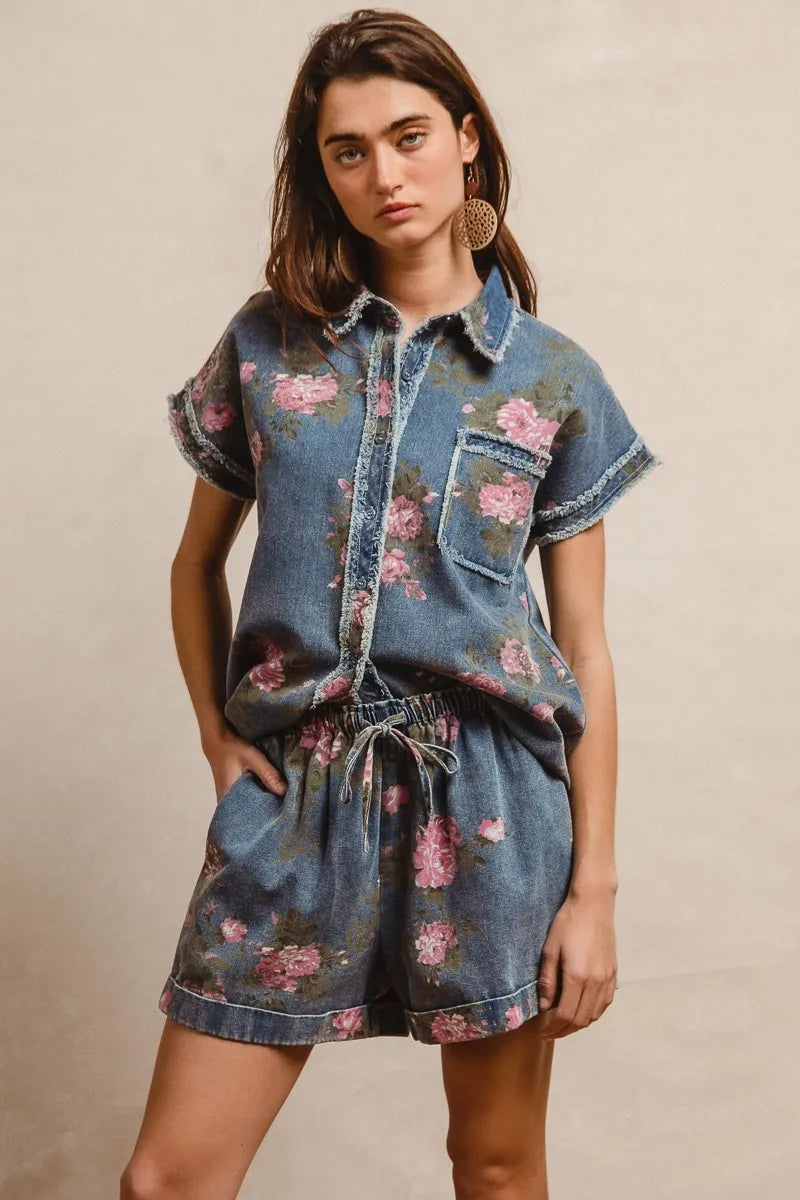 Floral Denim Shorts with Drawstring Waist