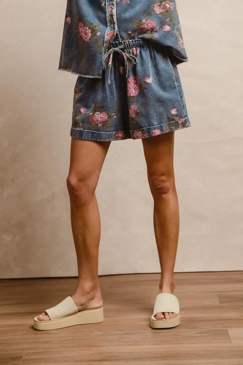 Floral Denim Shorts with Drawstring Waist